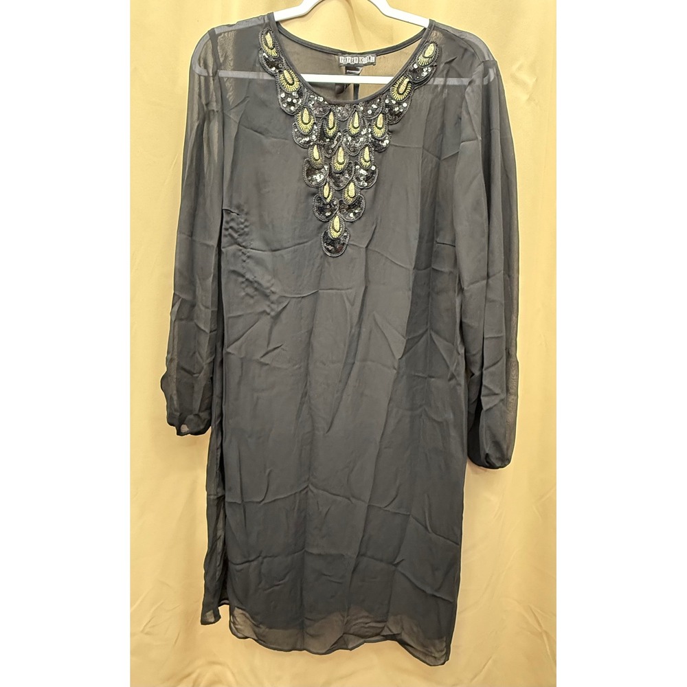 Paper Doll Black Sequin Beaded Bib Sheer Shift Dress Plus Size 1X INW765H2267